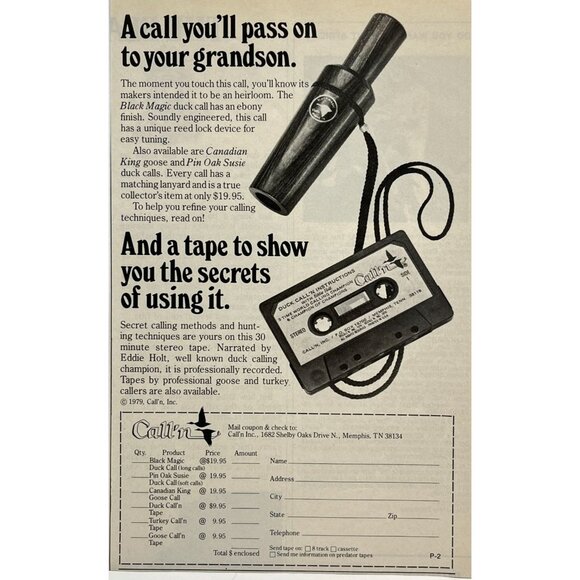 Call'n Duck Calls Print Ad Vintage 1980 Hunting Black Magic Cassette Instruction - Picture 6 of 6
